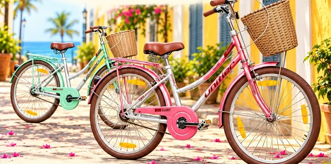 A pink and a mint-green city bicycle with wicker baskets parked on a sunlit Pondicherry street beside a yellow colonial wall