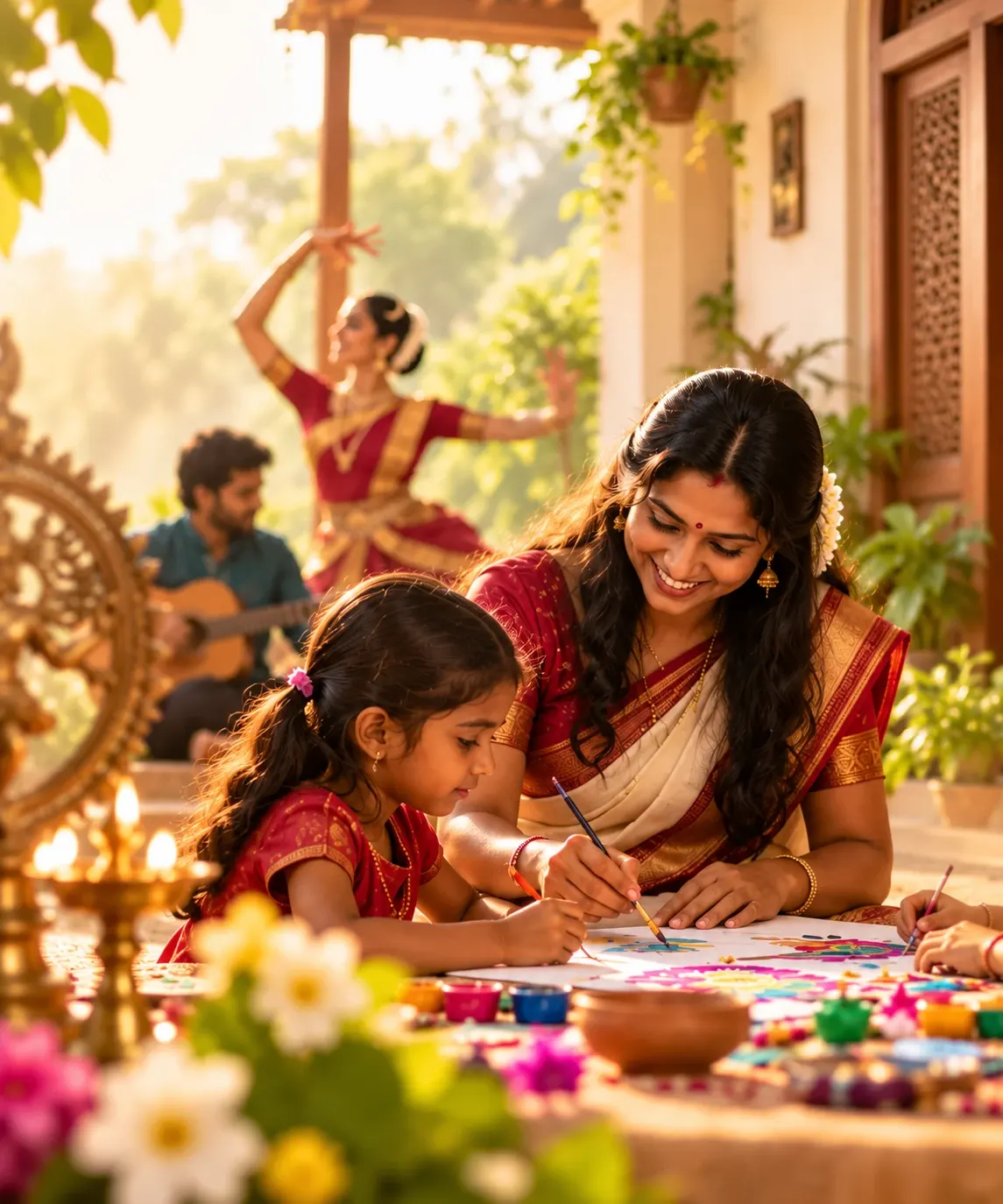 Illustration: a woman in a red saree guides a girl painting a colourful rangoli, while a dancer in a red costume and a guitarist share their art in the sunlit courtyard behind them