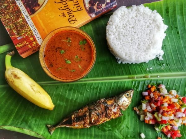 Creole Pondicherry meal on banana leaves at Sita cultural center in Pondicherry