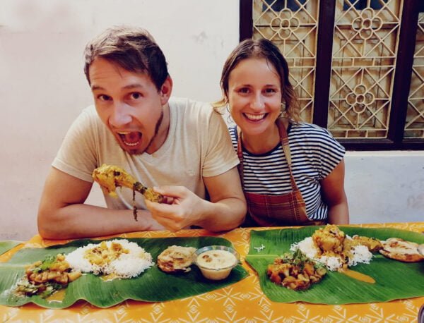 Happy clients devouring their home made meals cooked at Sita cultural center, Pondicherry